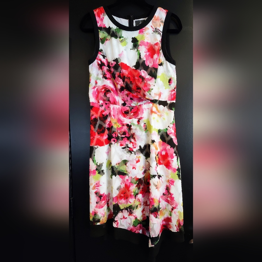 Adrianna Papell Chiffon Dress Watercolor w/ Black Trim, asymmetrical hem